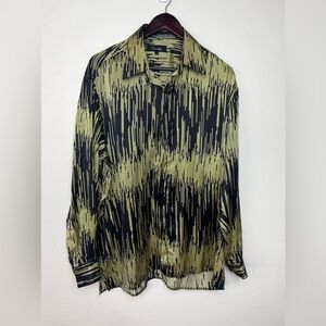 Vintage Genelli Mens Button Up Silk Shirt Large Retro Black Green Abstract